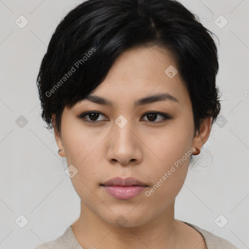 Neutral asian young-adult female with short  black hair and brown eyes