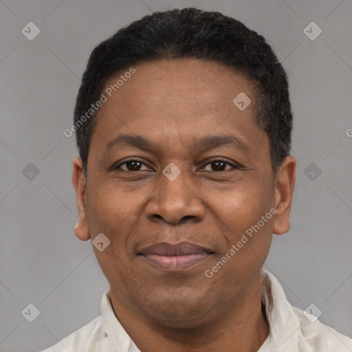 Joyful latino adult male with short  black hair and brown eyes