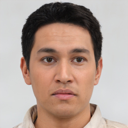 Neutral asian young-adult male with short  black hair and brown eyes