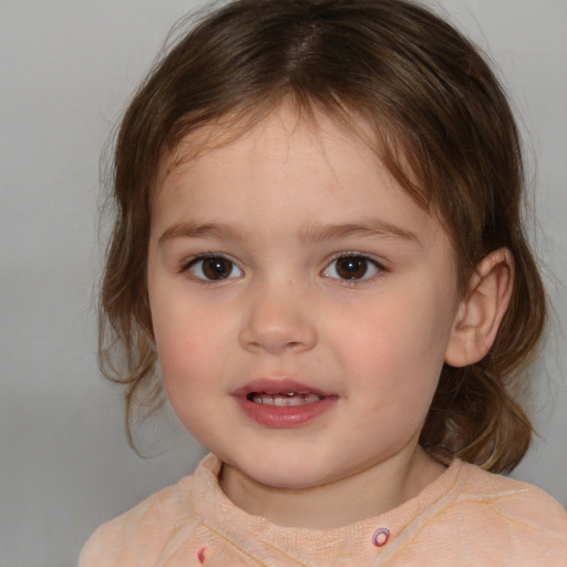 Joyful white child female with medium  brown hair and brown eyes