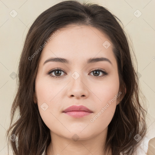 Neutral white young-adult female with medium  brown hair and brown eyes