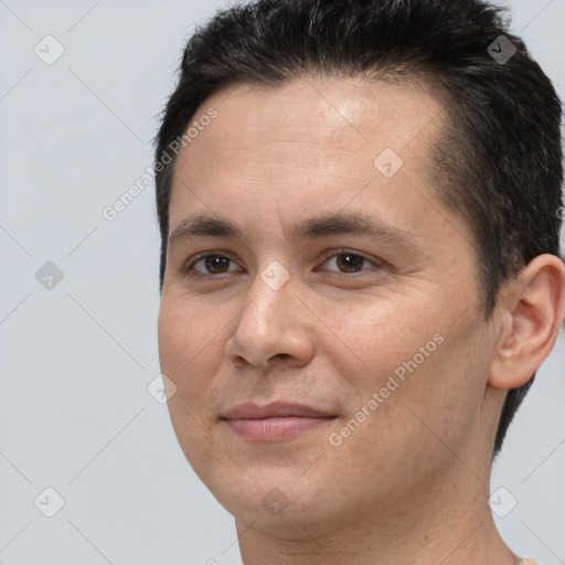 Joyful white adult female with short  brown hair and brown eyes