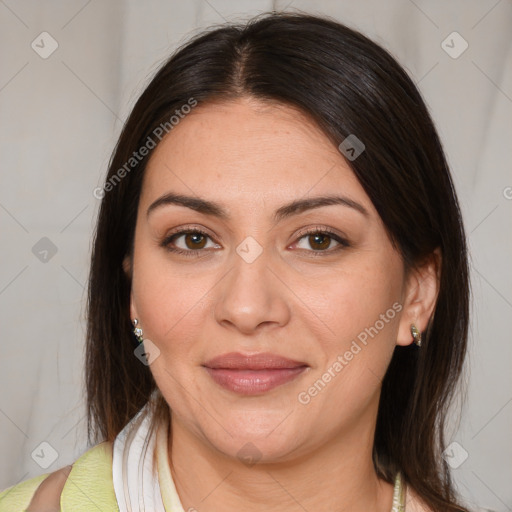 Joyful white young-adult female with medium  brown hair and brown eyes