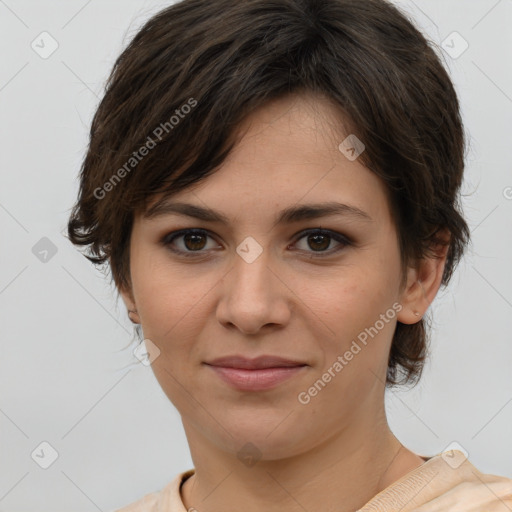 Joyful white young-adult female with medium  brown hair and brown eyes