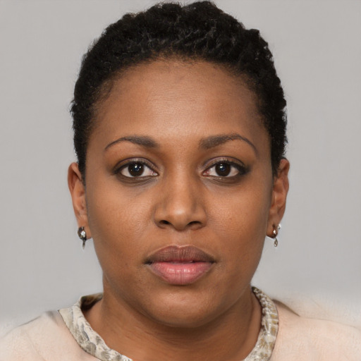 Neutral black young-adult female with short  brown hair and brown eyes