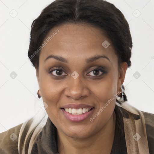 Joyful black young-adult female with long  brown hair and brown eyes