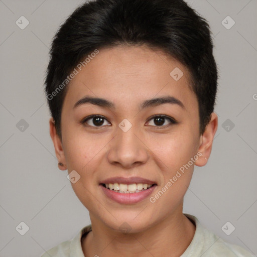 Joyful asian young-adult female with short  brown hair and brown eyes