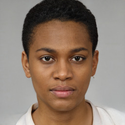 Neutral black young-adult female with short  brown hair and brown eyes