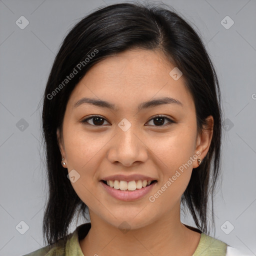 Joyful white young-adult female with medium  brown hair and brown eyes