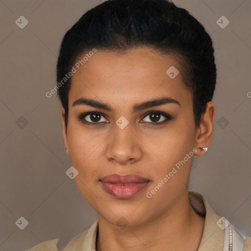 Joyful latino young-adult female with short  brown hair and brown eyes