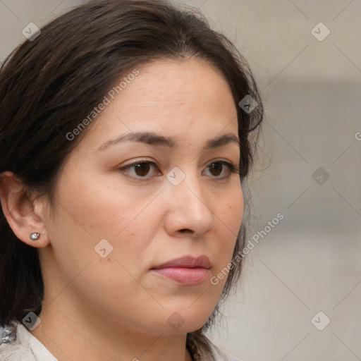 Neutral white young-adult female with medium  brown hair and brown eyes