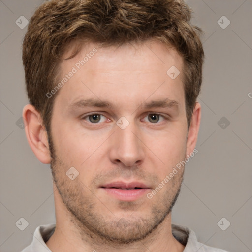 Neutral white young-adult male with short  brown hair and grey eyes