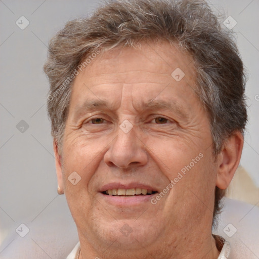 Joyful white middle-aged male with short  brown hair and brown eyes