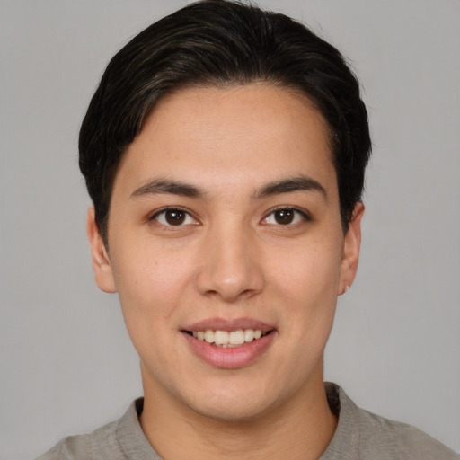 Joyful asian young-adult female with short  brown hair and brown eyes