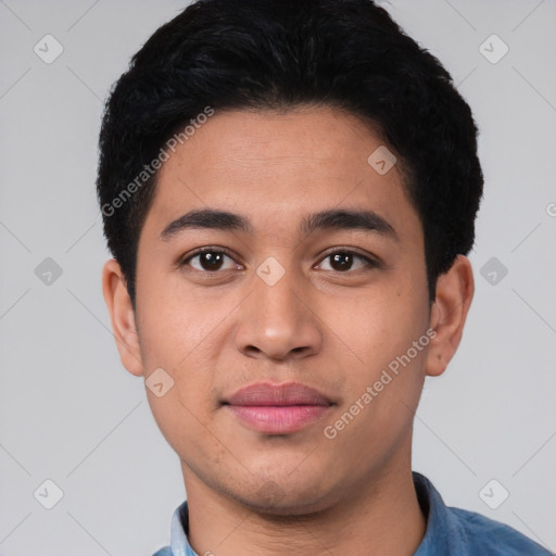 Neutral latino young-adult male with short  black hair and brown eyes