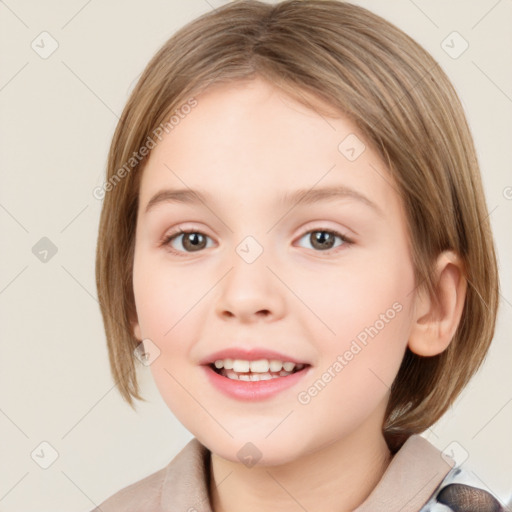 Joyful white child female with medium  brown hair and brown eyes