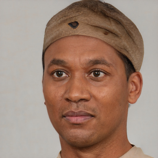 Joyful black adult male with short  brown hair and brown eyes