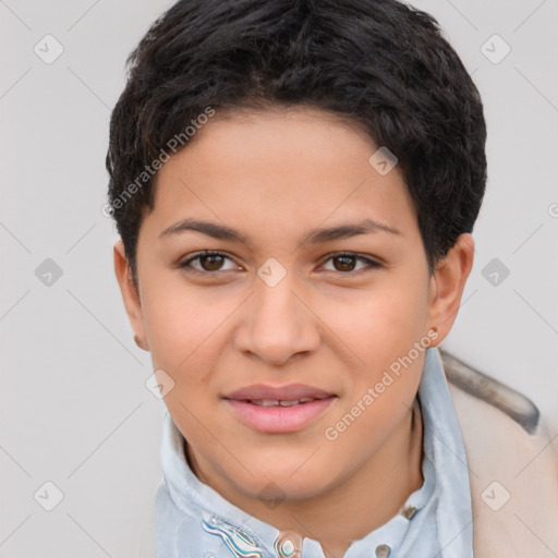 Joyful latino young-adult female with short  brown hair and brown eyes