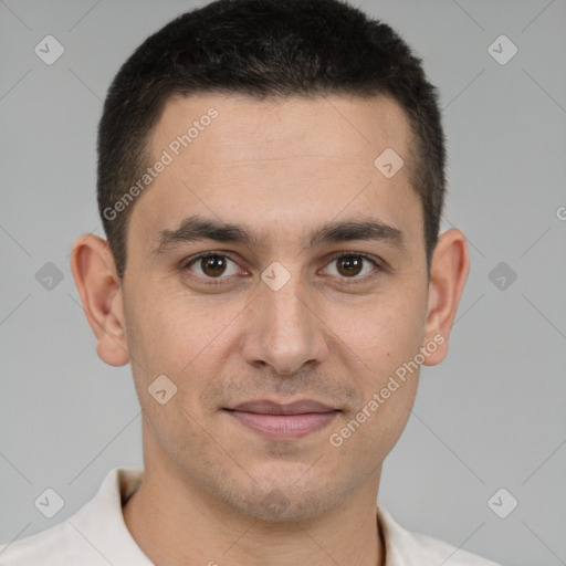 Joyful white young-adult male with short  brown hair and brown eyes