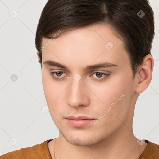 Neutral white young-adult male with short  brown hair and brown eyes