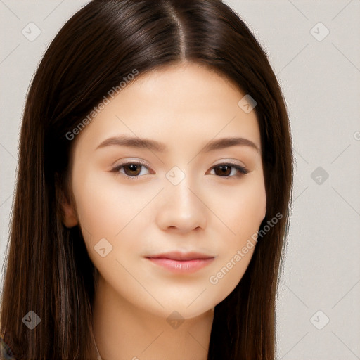 Neutral white young-adult female with long  brown hair and brown eyes