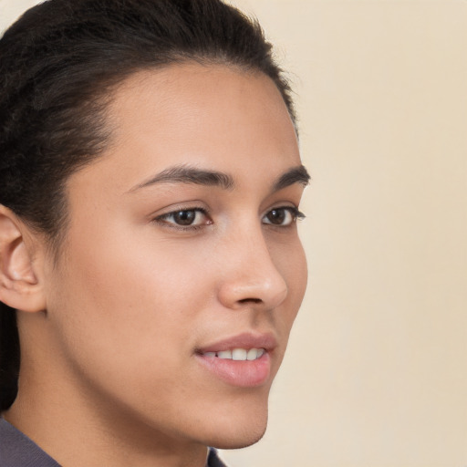 Neutral white young-adult female with short  brown hair and brown eyes