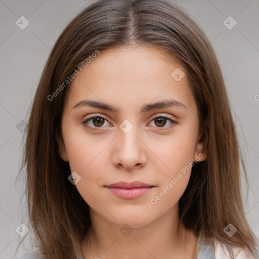 Neutral white young-adult female with medium  brown hair and brown eyes