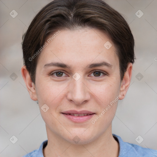 Joyful white young-adult female with short  brown hair and grey eyes