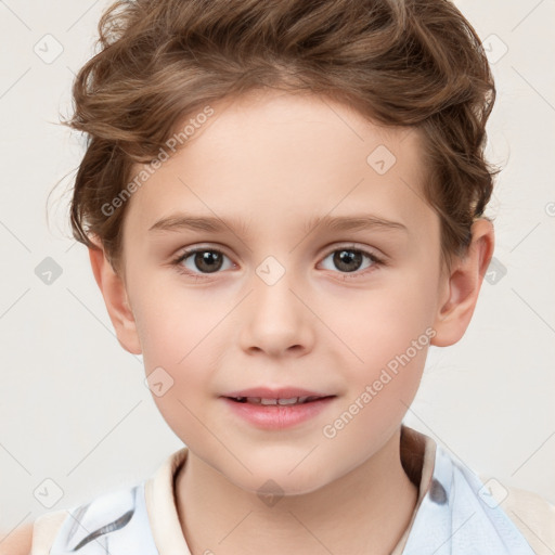 Joyful white child female with short  brown hair and brown eyes