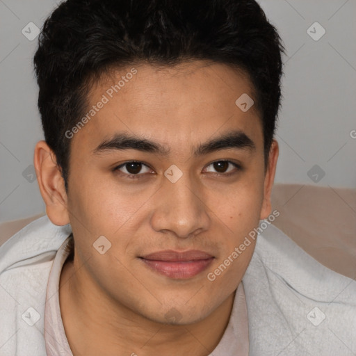 Joyful latino young-adult male with short  brown hair and brown eyes