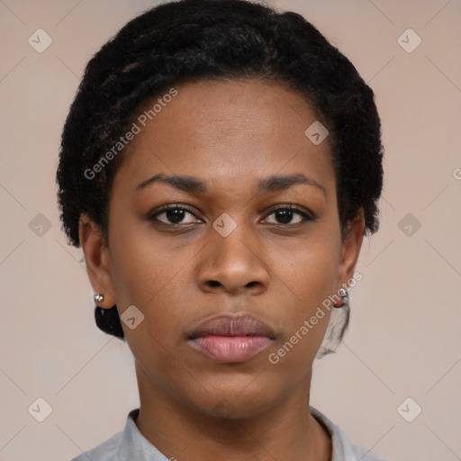 Neutral black young-adult female with short  black hair and brown eyes