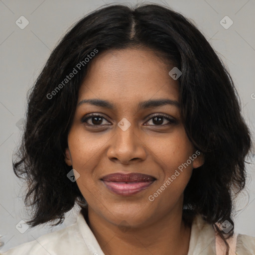 Joyful black young-adult female with medium  black hair and brown eyes