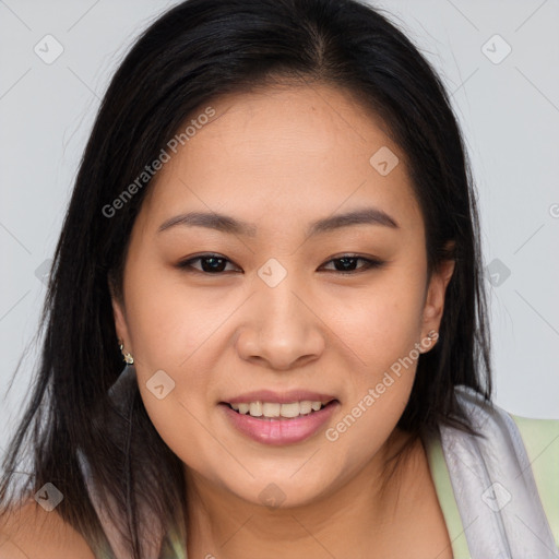 Joyful asian young-adult female with long  brown hair and brown eyes