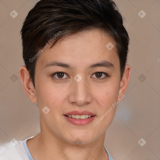 Joyful white young-adult female with short  brown hair and brown eyes