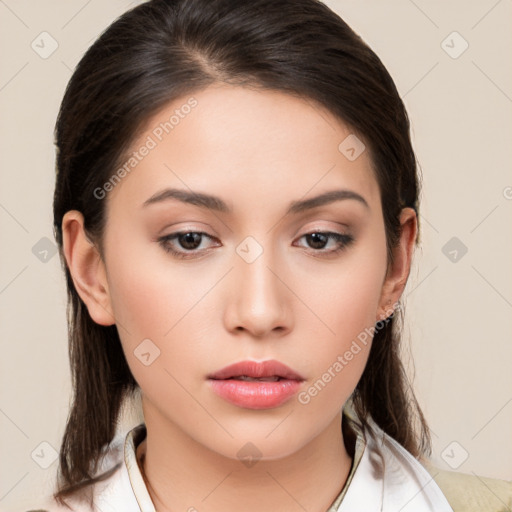 Neutral white young-adult female with medium  brown hair and brown eyes