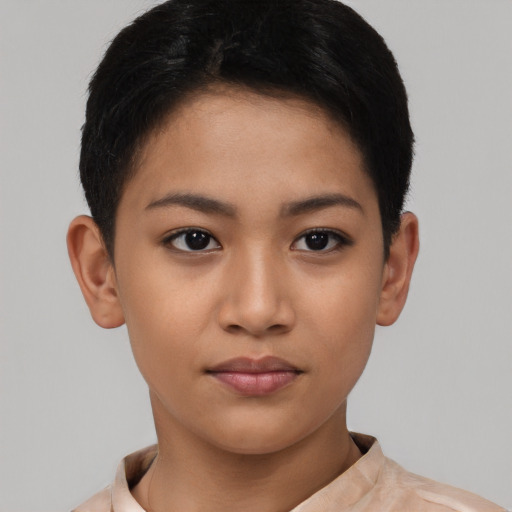 Neutral asian young-adult female with short  brown hair and brown eyes