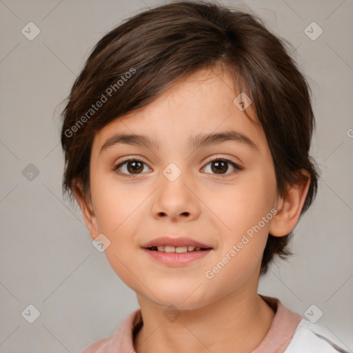 Joyful white child female with medium  brown hair and brown eyes