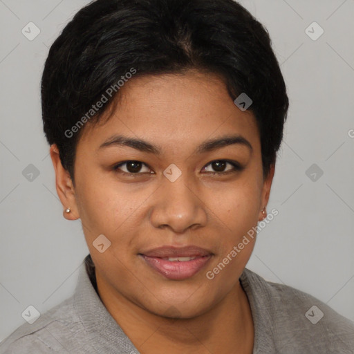 Joyful asian young-adult female with short  black hair and brown eyes