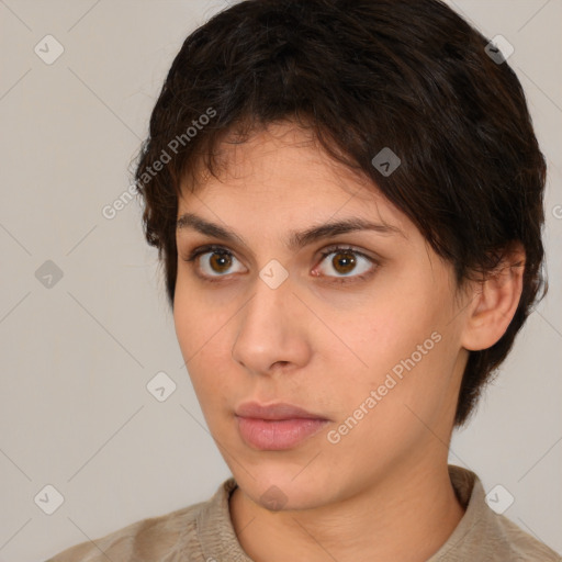 Neutral white young-adult female with medium  brown hair and brown eyes