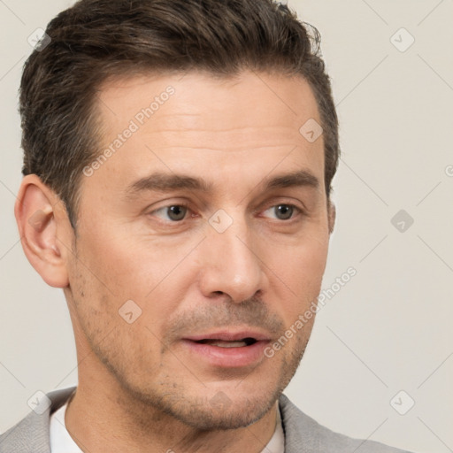 Neutral white adult male with short  brown hair and brown eyes