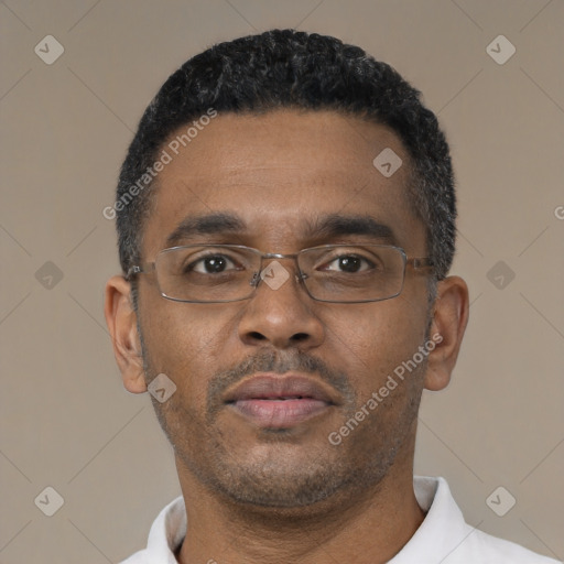 Neutral black young-adult male with short  black hair and brown eyes