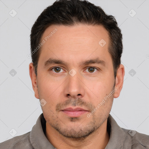 Neutral white adult male with short  brown hair and brown eyes