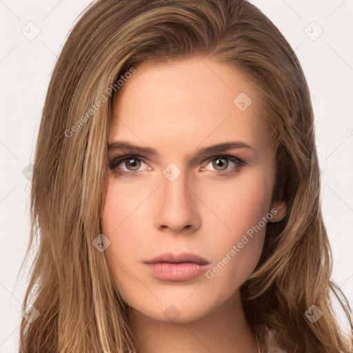 Neutral white young-adult female with long  brown hair and brown eyes