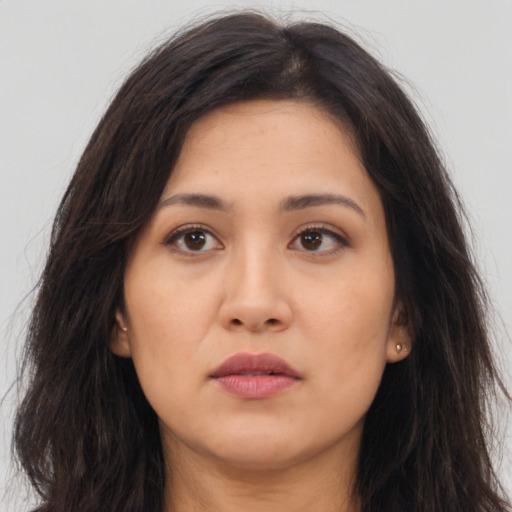Neutral asian young-adult female with long  brown hair and brown eyes