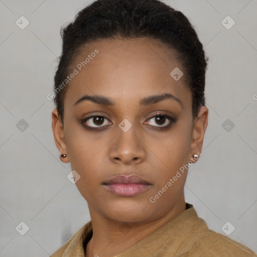 Neutral black young-adult female with short  brown hair and brown eyes