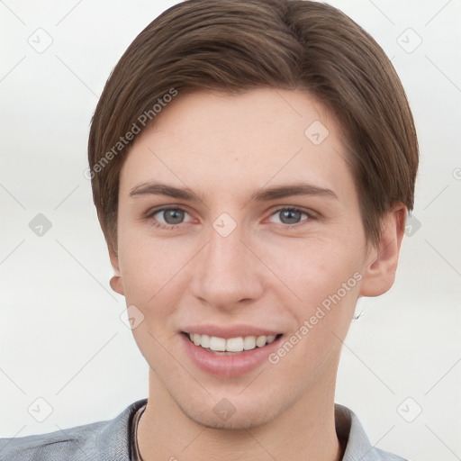 Joyful white young-adult female with short  brown hair and grey eyes