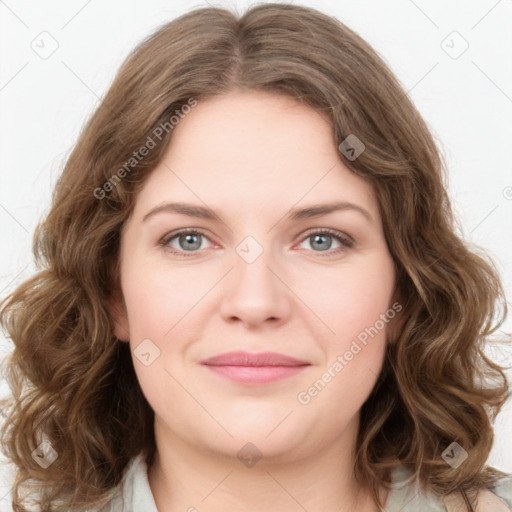 Joyful white young-adult female with medium  brown hair and green eyes