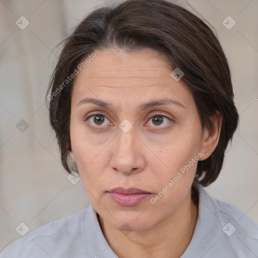 Neutral white adult female with medium  brown hair and brown eyes