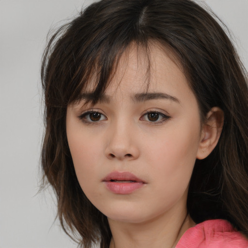 Neutral white child female with long  brown hair and brown eyes