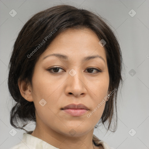 Neutral asian young-adult female with medium  brown hair and brown eyes